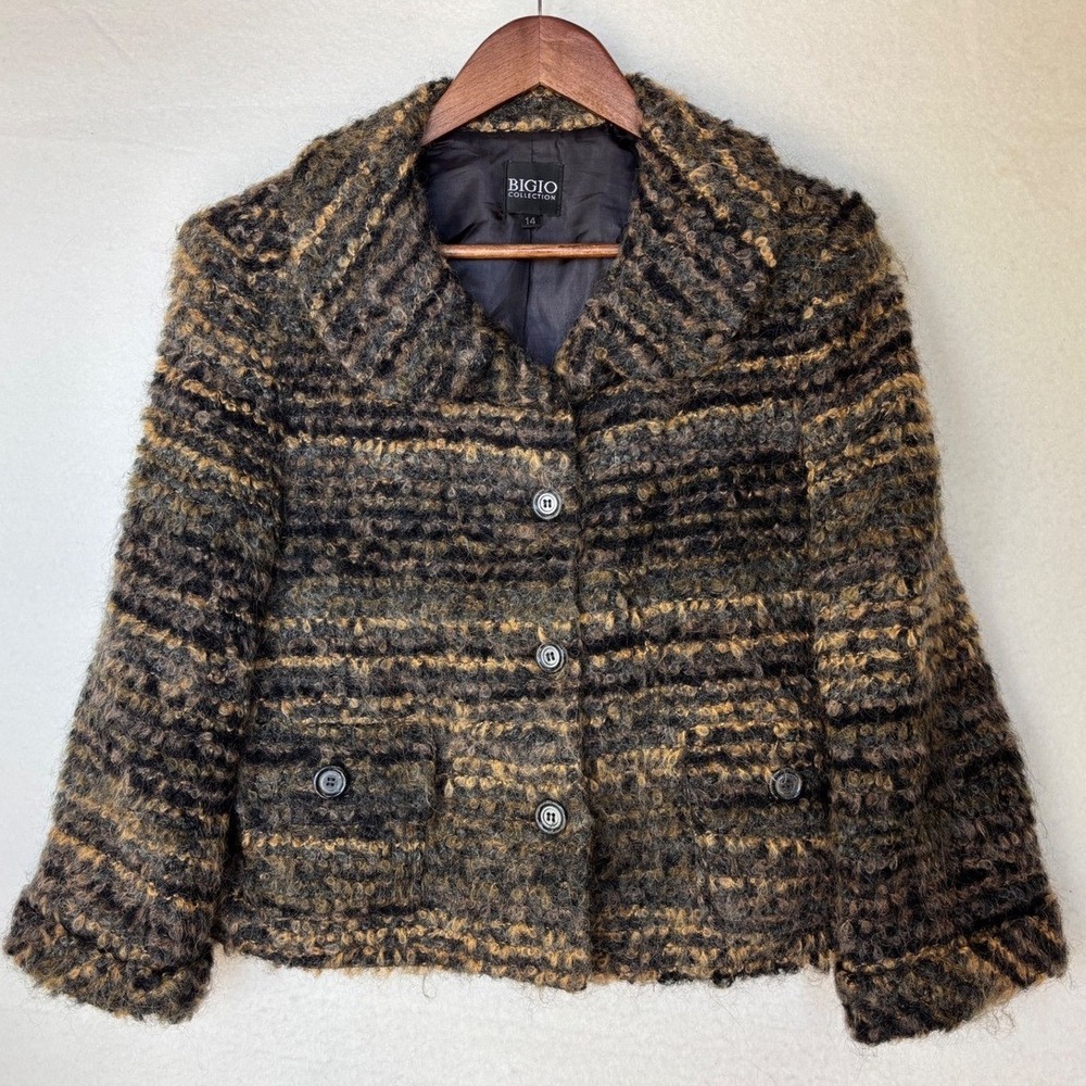 BIGIO COLLECTION Women's Tweed Blazer Jacket Brown‎ Neutral Striped Vintage 14